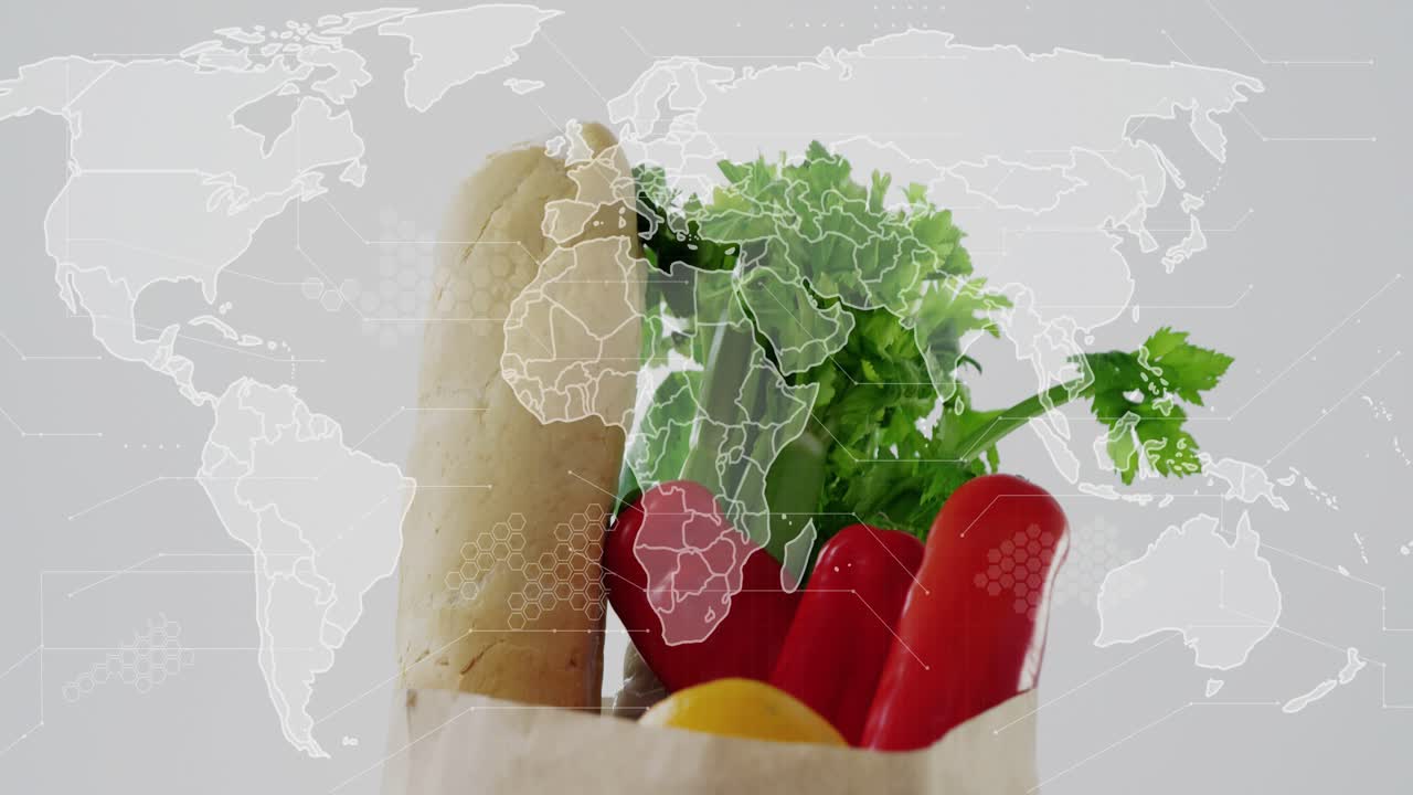 Langzaam inzoomen, papieren zak komt omhoog, vult het beeld met brood, paprika's, citroen, groenten, toont wereldwijd voedsel