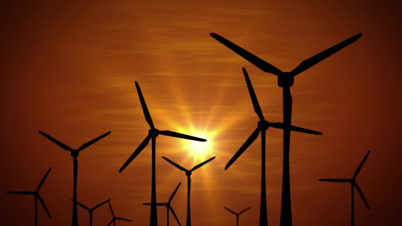 Wind turbine farm power generator in nature landscape for production of renewable green energy is