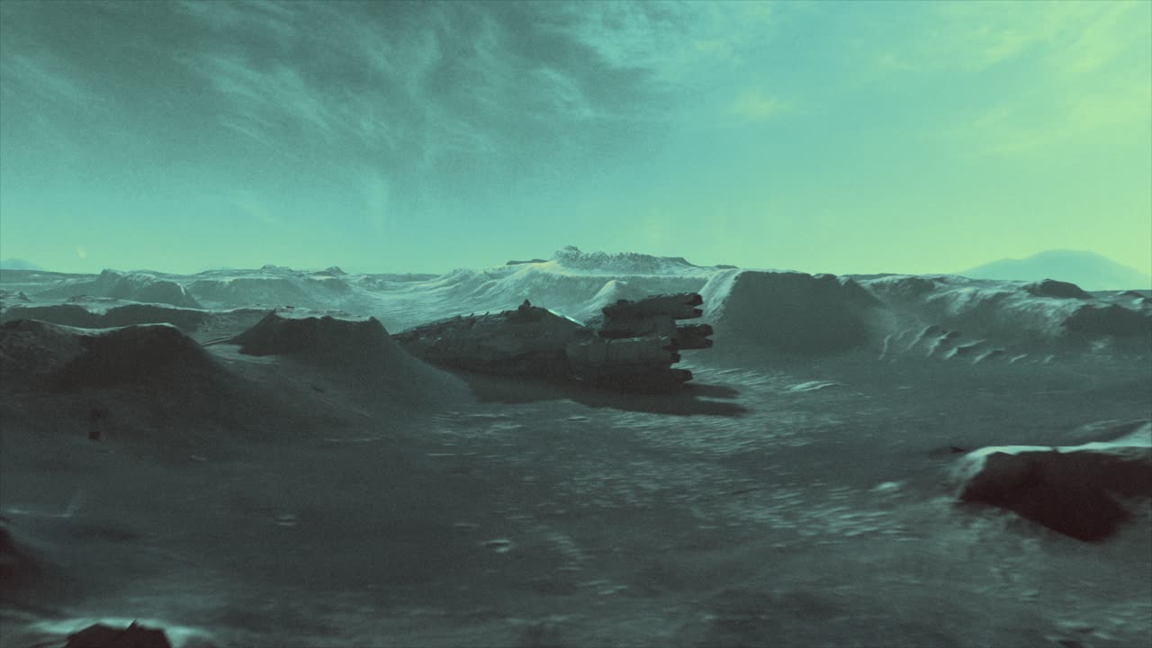 High quality cinematic 3D CGI render of alien landscape scene flyover with the vast hulk of a crashed derelict spaceship, dead and long abandoned on the valley floor, in alien blue green color scheme