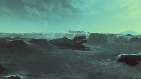 High-quality-cinematic-3D-CGI-render-of-alien-landscape-scene-flyover-with-the-vast-hulk-of-a-crashed-derelict-spaceship,-dead-and-long-abandoned-on-the-valley-floor,-in-alien-blue-green-color-scheme