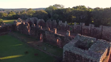 Rising-aerial-overview-of-historic-South-America-ruins,-San-Ignacio,-Misiones