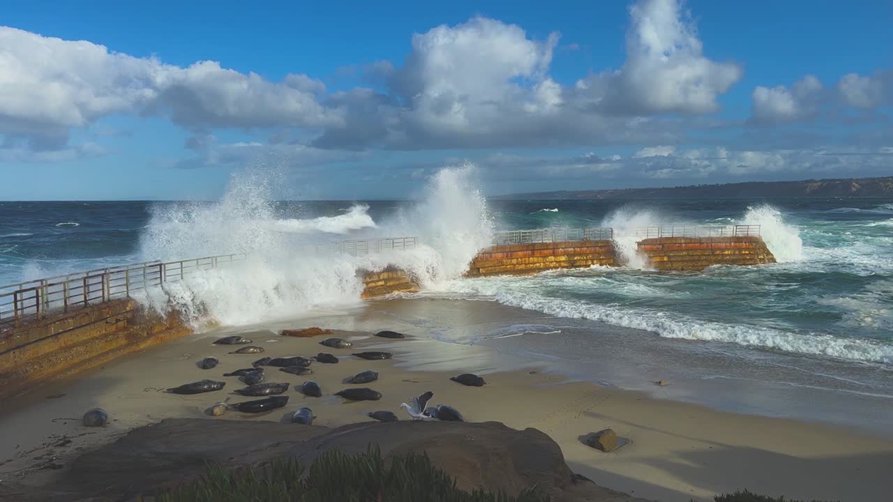 las olas del océano se estrellan y se rompen sobre la piscina de los niños de la jolla durante la marea del rey con agua agitada