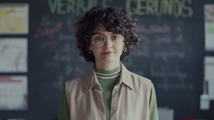 ritratto di una giovane studentessa contro la lavagna in una classe universitaria