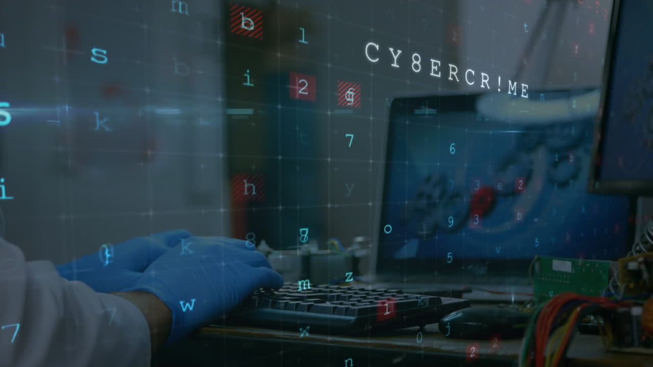 Animation af cyberangrebsadvarsel over videnskabsmand, der bruger computer