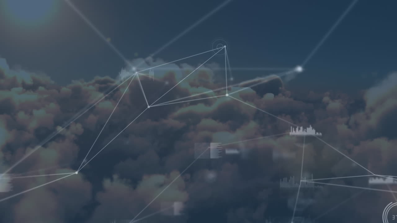 Animation of network of connections with statistics recording over clouds in background