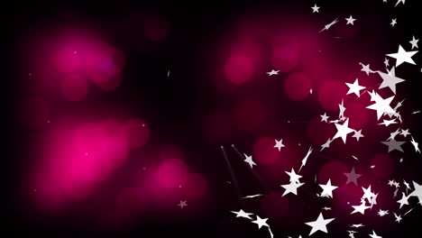 múltiples estrellas y copos de nieve iconos flotando contra rosas manchas de bokeh de luz sobre fondo negro