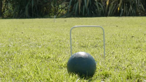 a croquet ball rolling through a hoop and settling in front of the camera