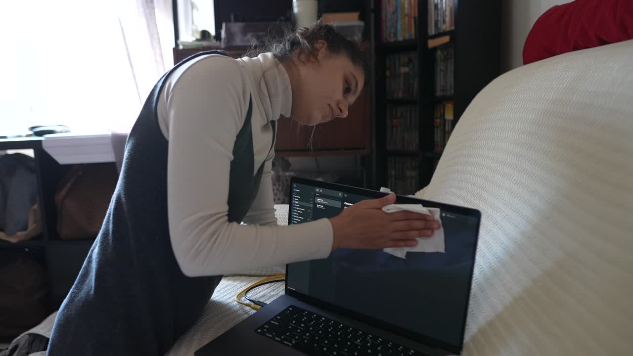 mujer limpiando la pantalla del portátil en casa