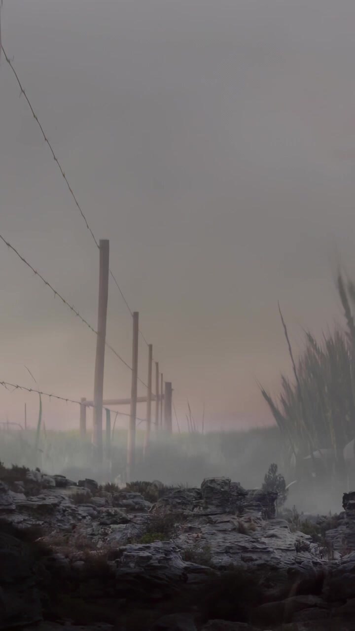 Vertical video: Camera pushing forward revealing barbed-wire fence and mist for cinematography