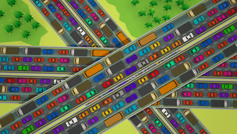 Aerial-view-of-the-six-lane-highway-with-the-slow-moving,-bumper-to-a-bumper-traffic-jam.-Three-busy-roadways-full-of-cars,-crossing-each-other.-Loopable-2D-animation.