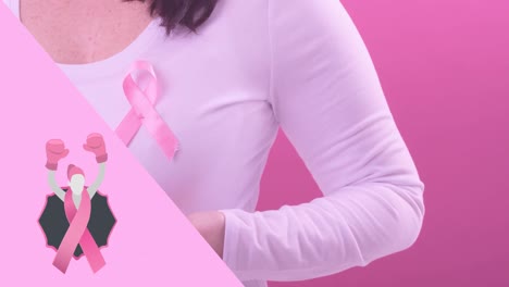 Animation-of-female-boxer-and-pink-breast-cancer-ribbon-over-caucasian-woman