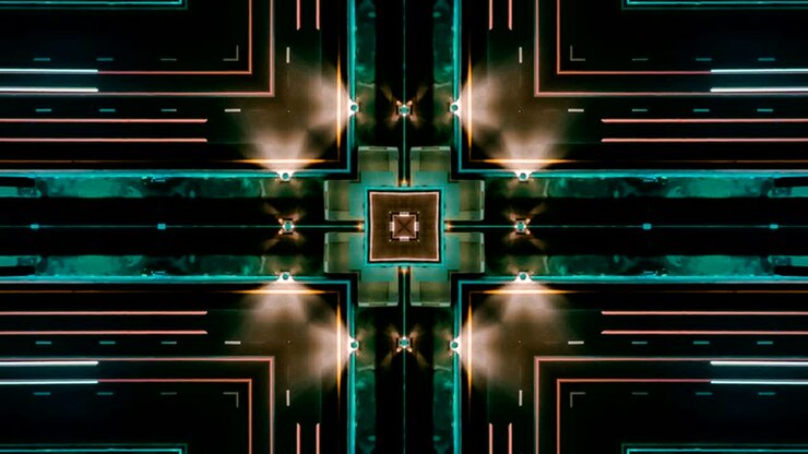 Seamless pattern. Geometric art abstract digital background with neon light lines square