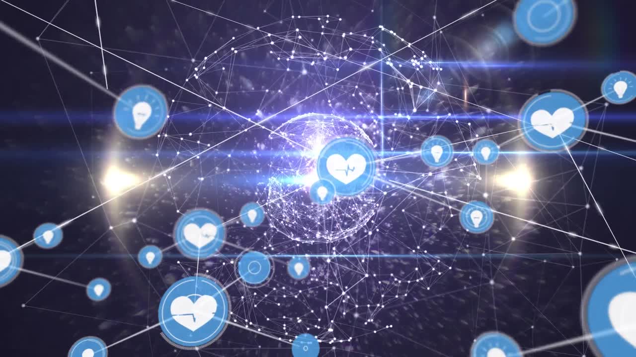 빛나는 회전하는 지구 위의 선과 연결되는 심장 및 빛 아이콘의 애니메이션