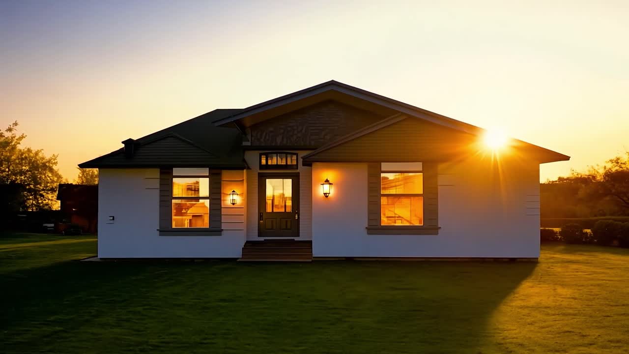 A white house with lights on at dusk