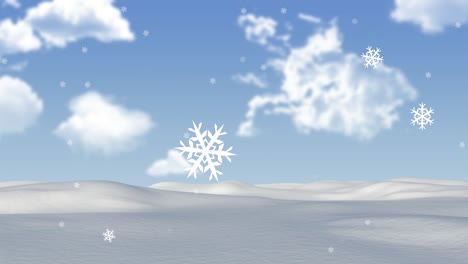 animation of snow falling over winter landscape and sky