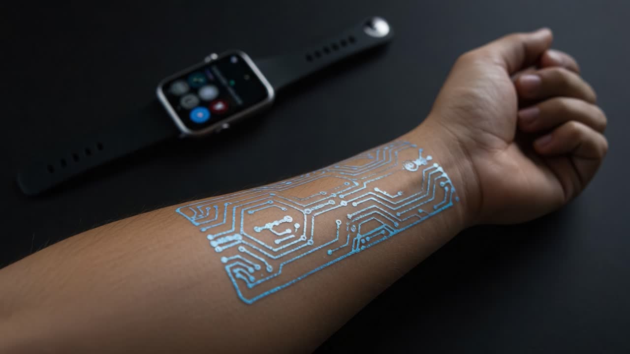 Intricate Circuitry Tattoo Design Overlaying a Human Arm with a Smartwatch Nearby, Showcasing the Fusion of Technology and Art in Body Design