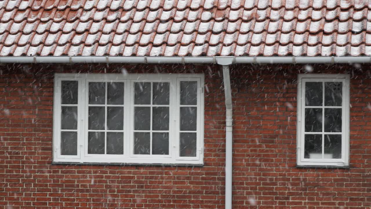los copos de nieve caen contra la casa de ladrillo rojo, día de invierno