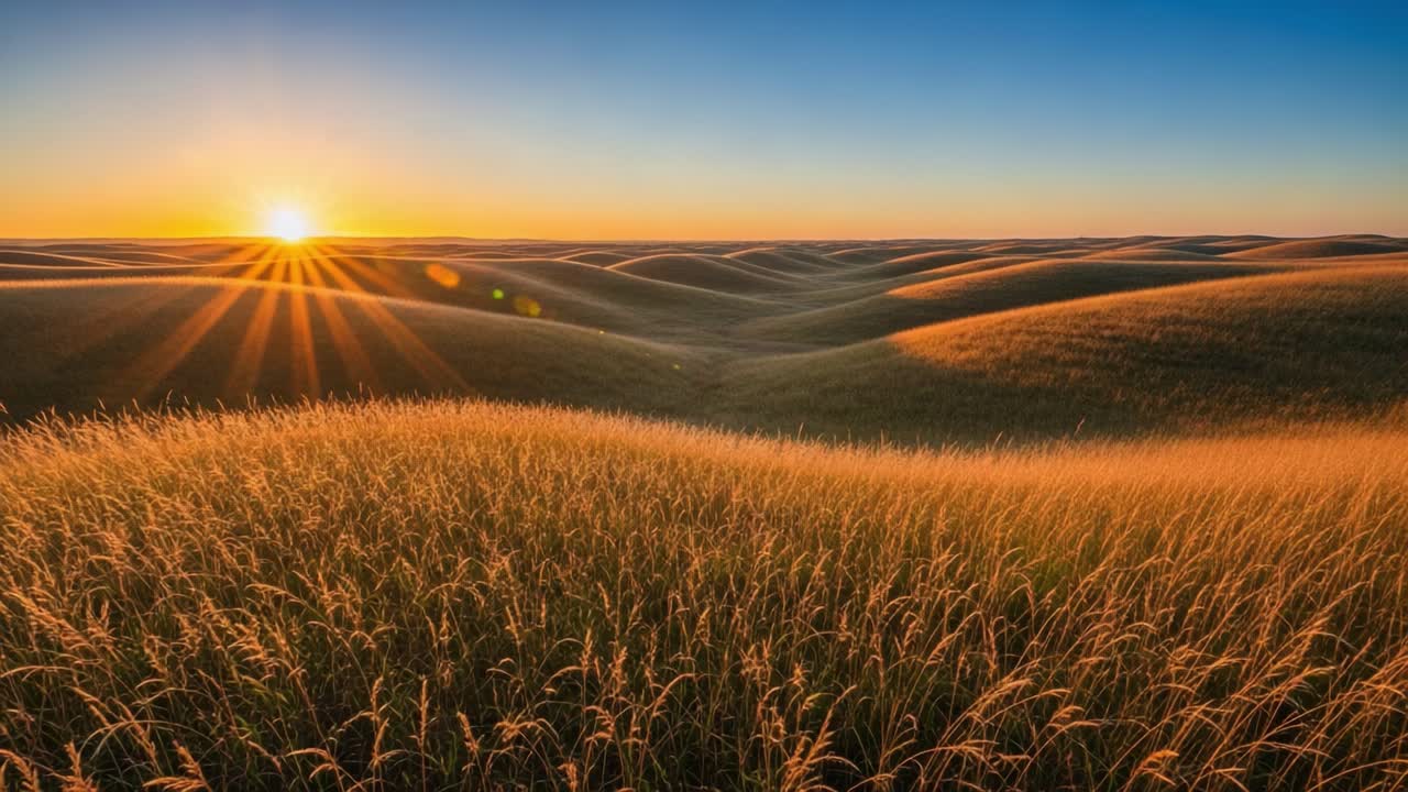 Golden Sunset over Rolling Grassy Hills