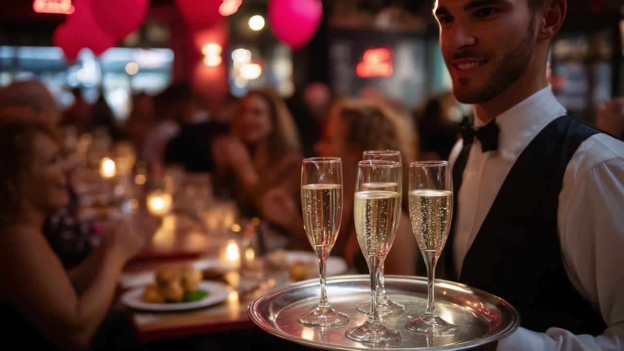 Sleek waiter expertly serving champagne at a lively social gathering, filled with laughter and joy, as patrons in elegant attire celebrate a special occasion, surrounded by warm candlelight and festive decorations