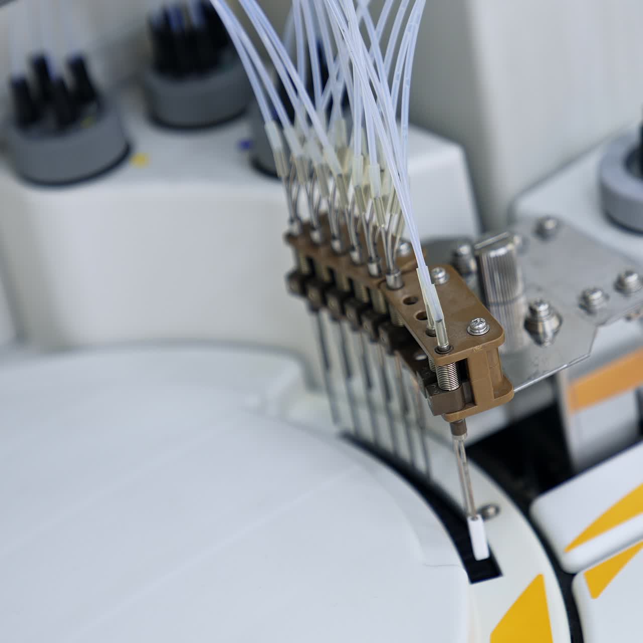 Advanced equipment carrying science testing in the modern laboratory. Close up. View from top. Blurred backdrop