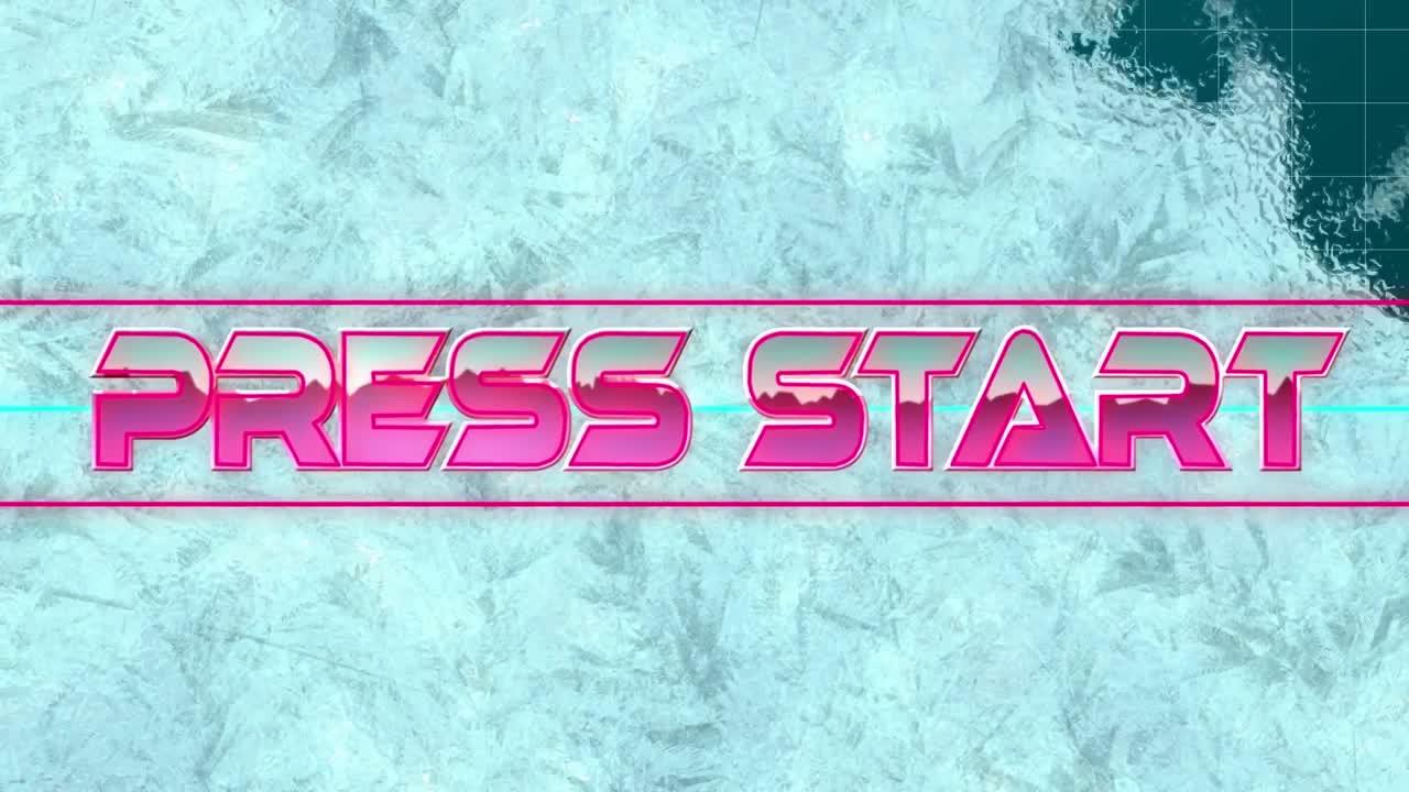 animación del efecto de congelación sobre el texto de inicio del banner de prensa contra la red de cuadrícula en fondo púrpura.