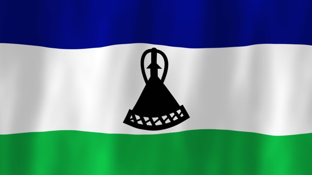 Lesotho flag country animation 3D symbol design waving in wind movement national patriotism world culture emblem banner republic Southern Africa blue white green stripes black shield