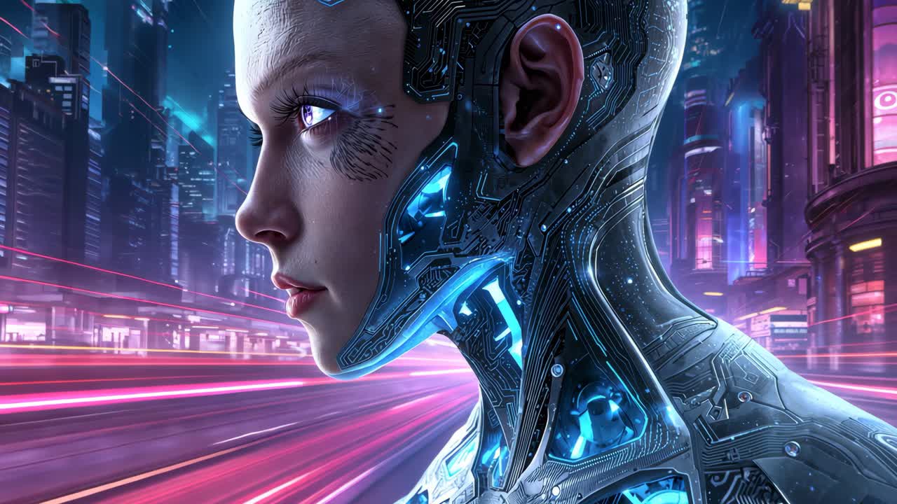 Cyborg futuristico in un paesaggio urbano al neon