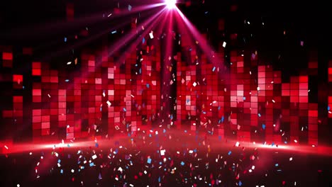 Confetti-falling-over-spot-of-light-over-red-mosaic-squares-against-black-background