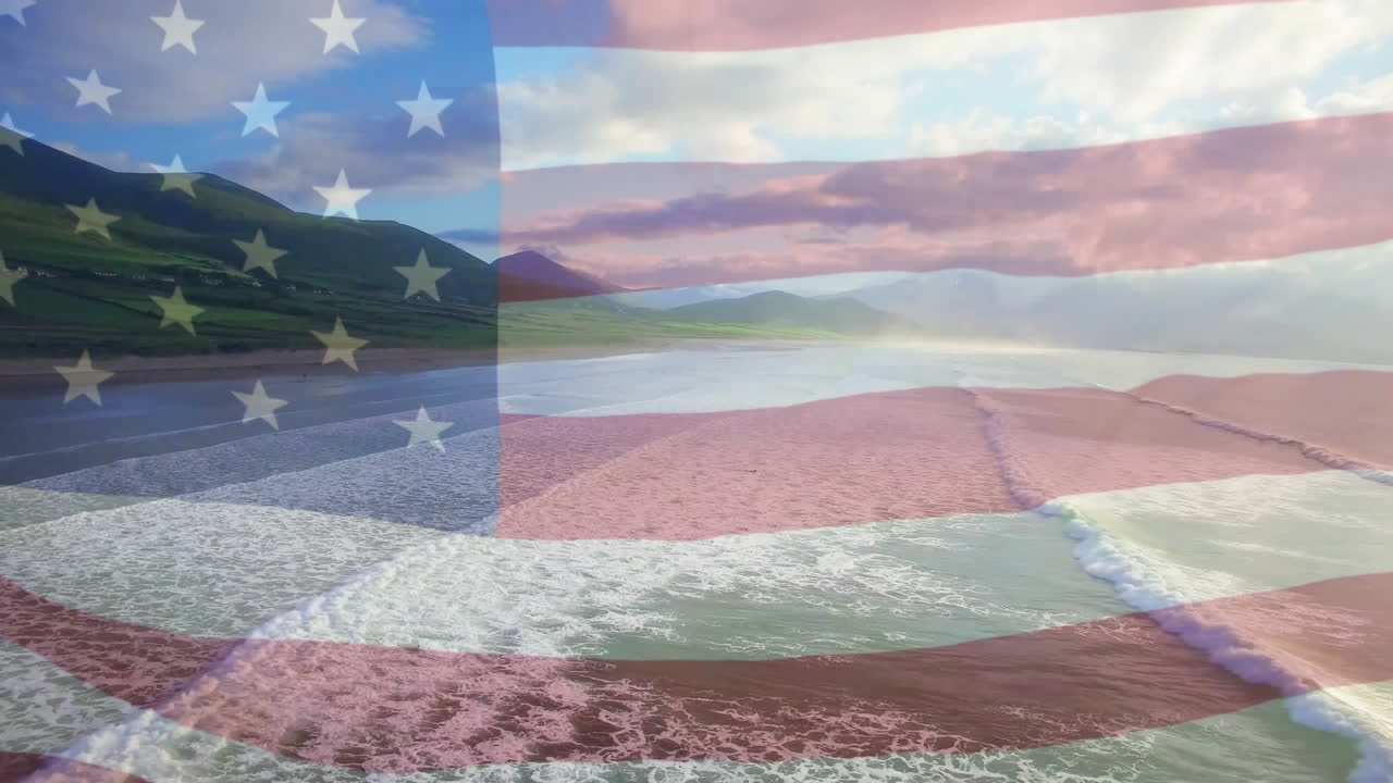 미국 국기가 해변 풍경 위에서 날아다니는 애니메이션