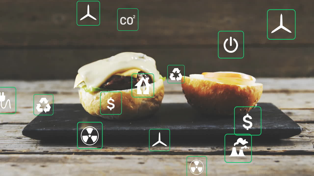 Highlighting sustainability, animation with environmental icons overlaying burger concept