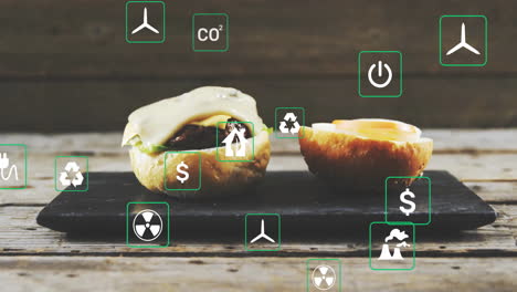 highlighting sustainability, animation with environmental icons overlaying burger concept