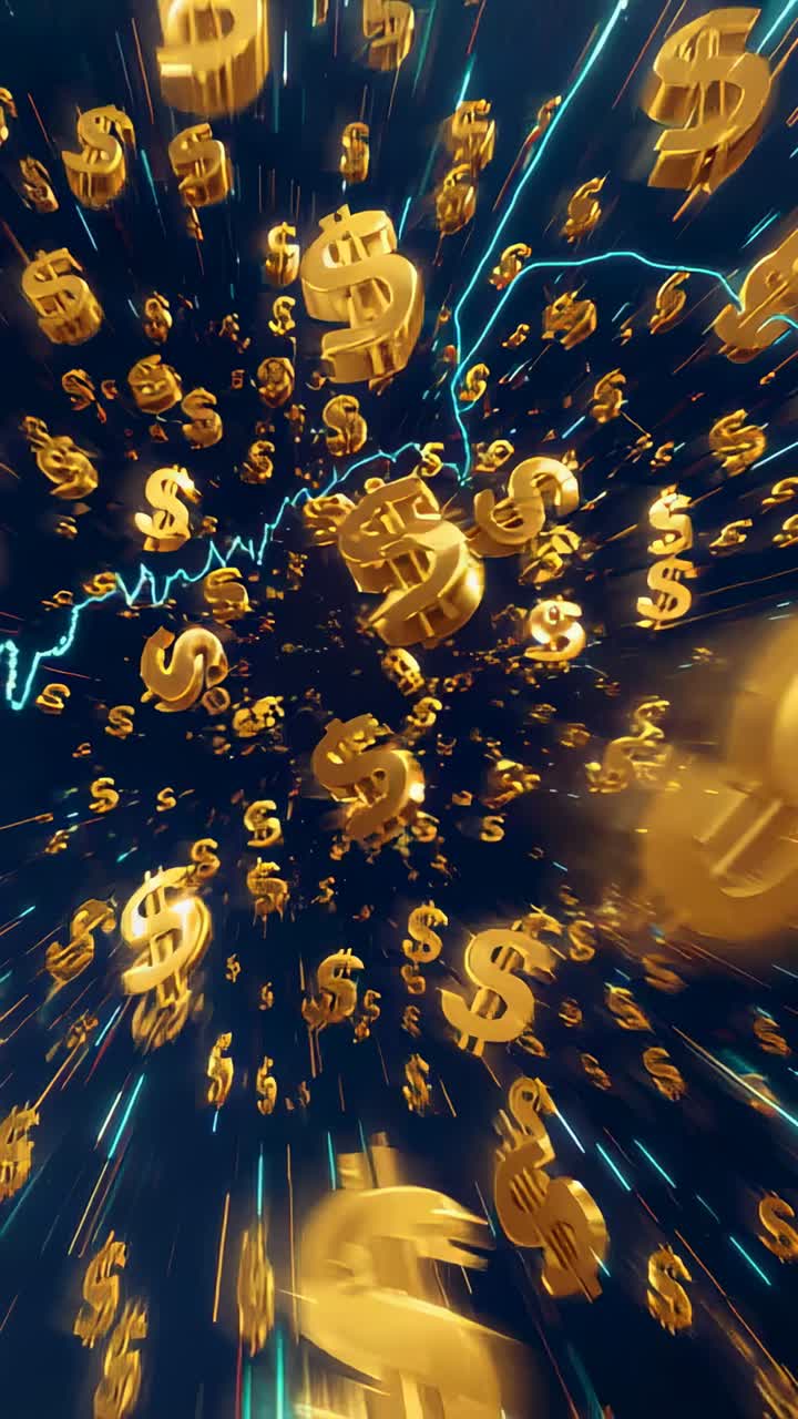 Vertical video: Camera dollying gold dollars past viewer in neon void, teal chart, creating motion