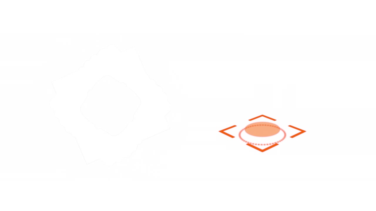 Animação de quadrado laranja giratório e mira circular, em fundo branco