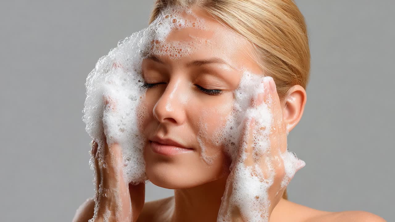 A Woman Cleansing Her Face with Foam in a Soft and Relaxing Setting, Highlighting the Importance of Skincare and Personal Care Routines for Healthy Skin