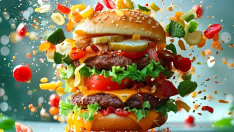 a large hamburger with a lot of toppings falling out of it