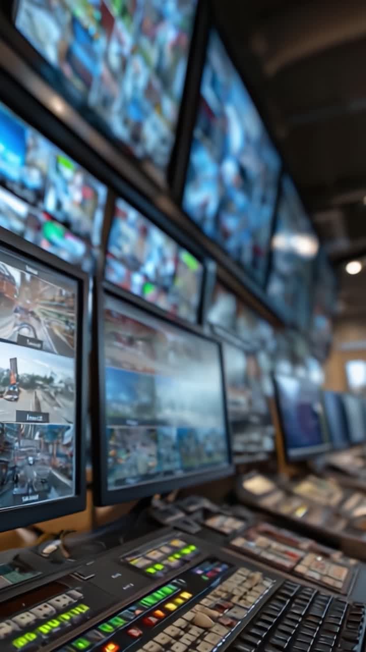All'interno di una moderna regia di trasmissione, ricca di schermi multipli e pannelli di controllo, che mostra tecnologia avanzata per il monitoraggio in tempo reale e le operazioni di broadcasting.