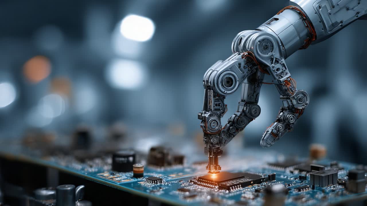 A robotic hand performs intricate tasks on a circuit board, showcasing advanced technology in electronics manufacturing and automation in a futuristic setting