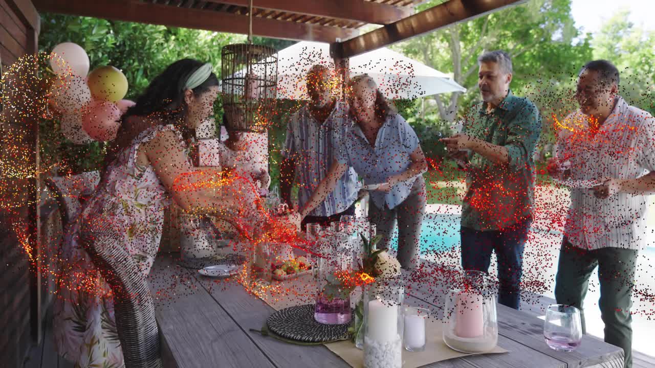 Woman host placing tiered cake, guests stepping forward reaching plates, sparkles overlaying event