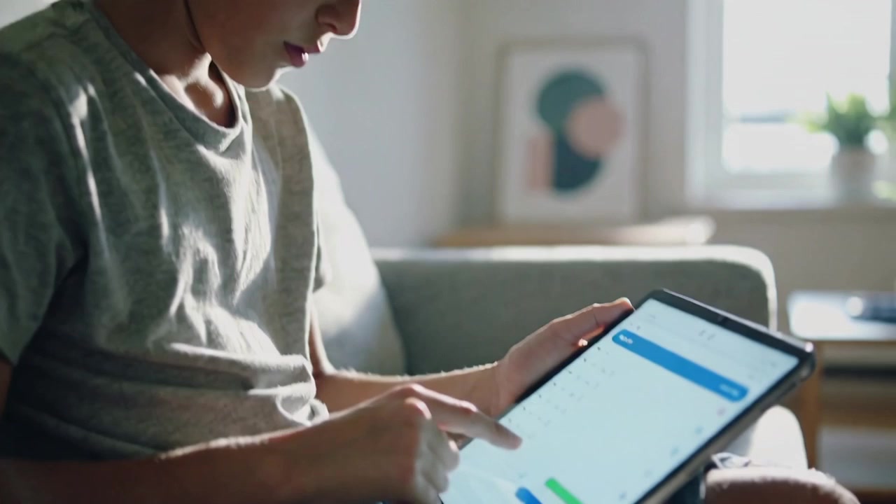 Bringing tablet onto lap, teen in gray T-shirt tapping, reading and replying to messages at home