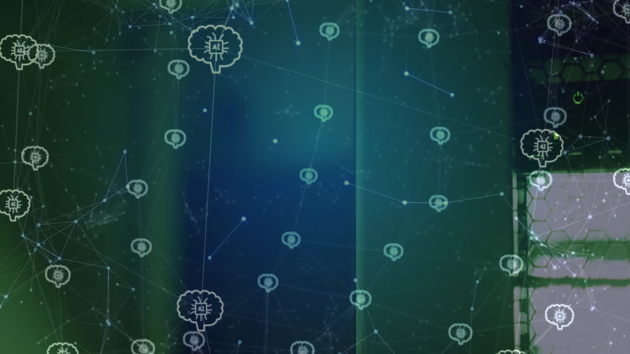 Animation of connections and ai icons over computer servers
