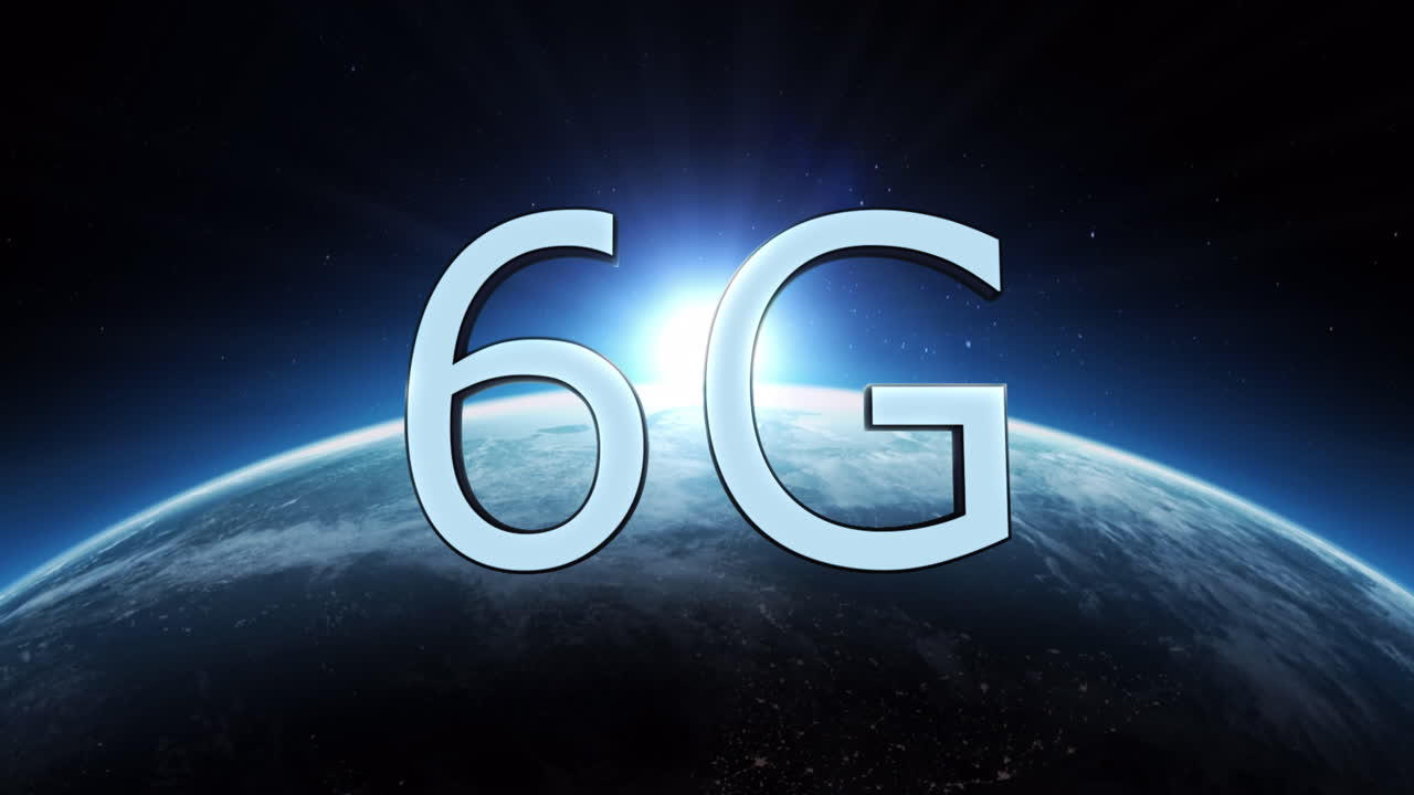 Animation of 6g text in blue letters over spinning globe and sun seen from space