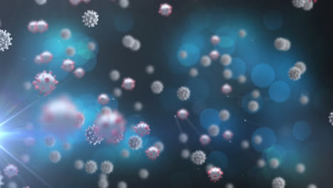 animation of covid 19 cells floating over multiple spots of light on blue background