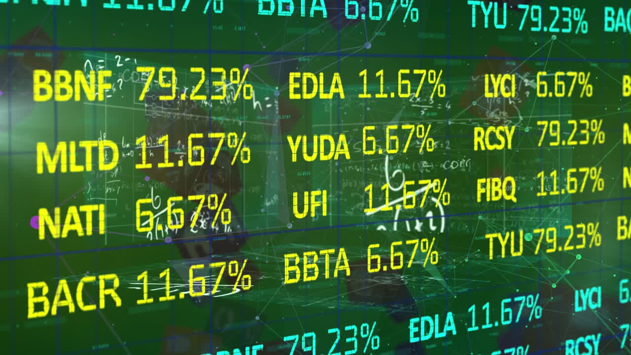Animazione di elaborazione di dati finanziari su equazioni matematiche.
