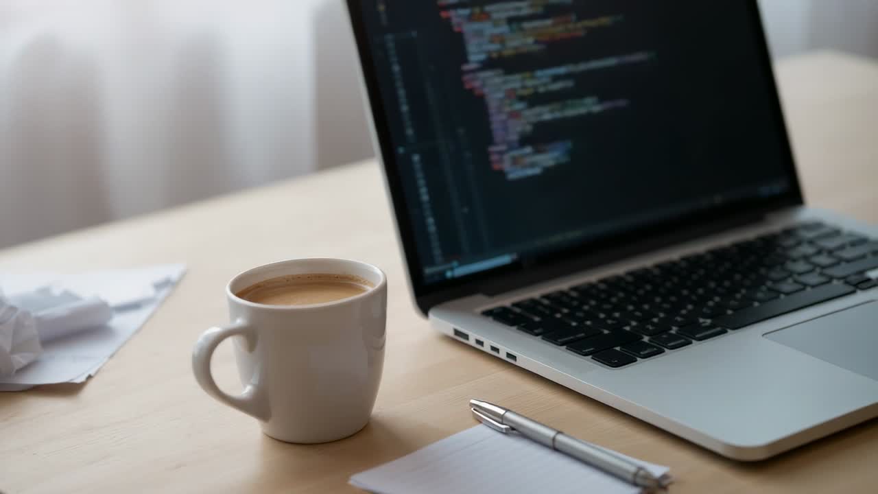Panorerende kamera fanger skrivebord ved gardin, viser kaffekop og laptopkode, med plads til tekst.