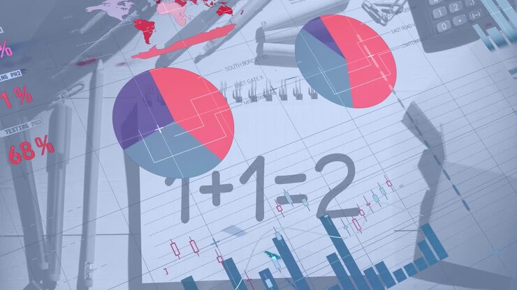 Animation of infographic interface over numbers on notepad with stationery on table