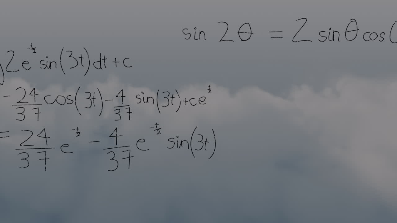 Animation of mathematical formulas over blue cloudy sky