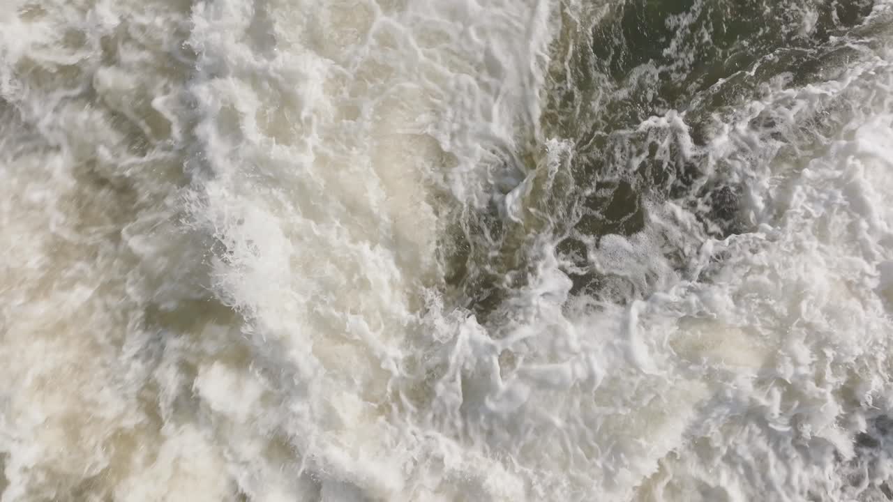 Cascading waterfall in owen sound, canada showing powerful white water flow, aerial view