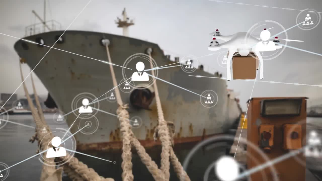 анимация сети соединений с иконками через доставку беспилотника с посылкой