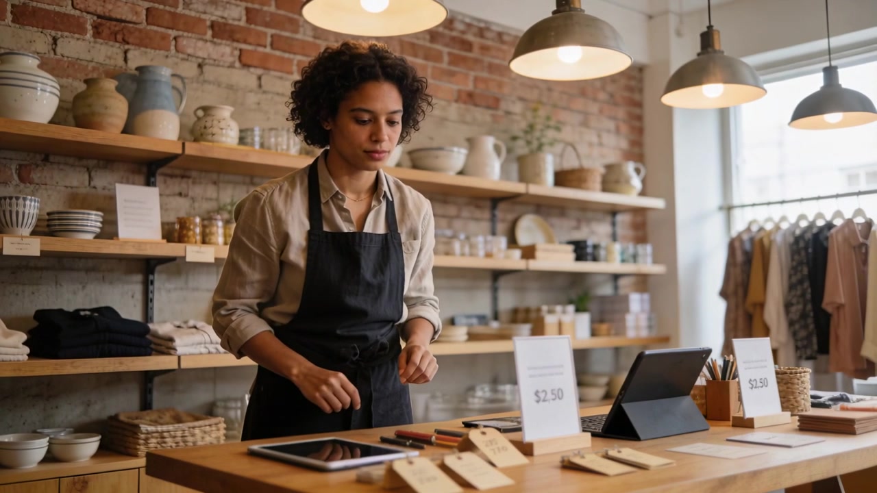 Commesso con grembiule che allinea etichette di legno sul bancone, controllando un tablet e 2 dollari.