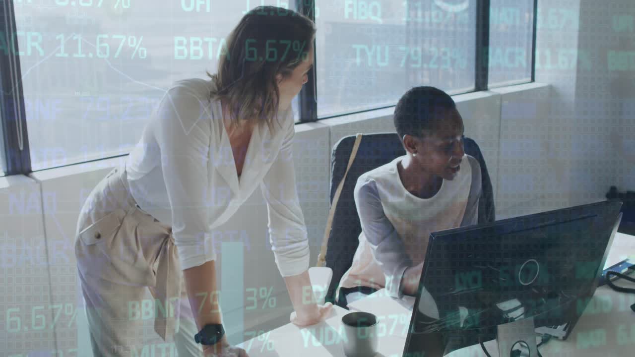 Animation of financial data and graphs over diverse female coworkers in office